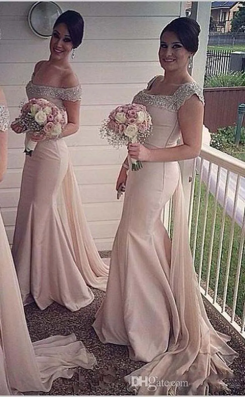 Echte foto champagne lang $ 69 bruidsmeisje jurken van de schouder kralen Watteau ruched back zeemeermin prom jurk avondkleding sweep trein