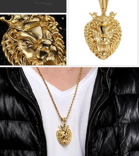 Klassisk design Mäns bästa smycken gåva Stor 316l Rostfritt stål Biker Gold Crown Lion Head Pendants Halsband Xmas Presenter