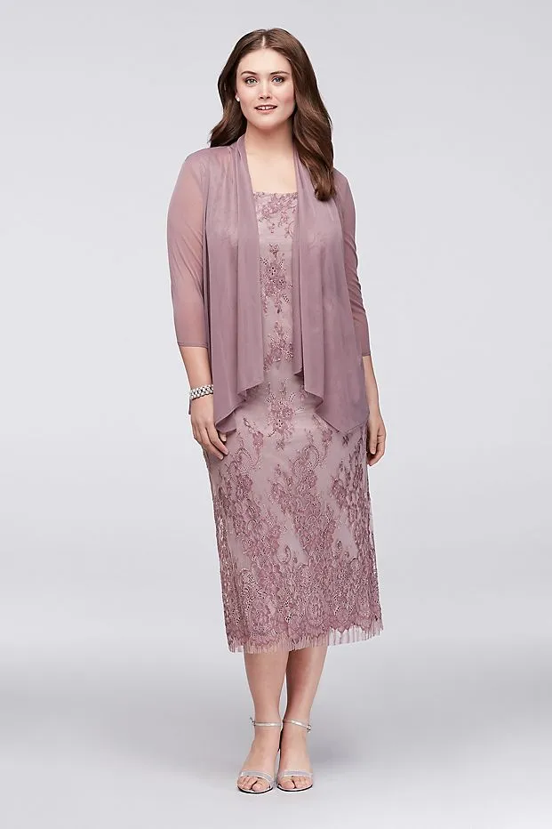 Elegante kant moeder van de bruid jurken met jassen ronde hals chiffon bruiloft gast jurk thee lengte schede plus size avondjurken