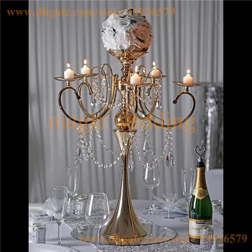 27.5 Alto Ouro Metal Candelabro Candelabro Votiva Velas Casamento Central de casamento - com cadeias acrílicas e grandes lágrimas