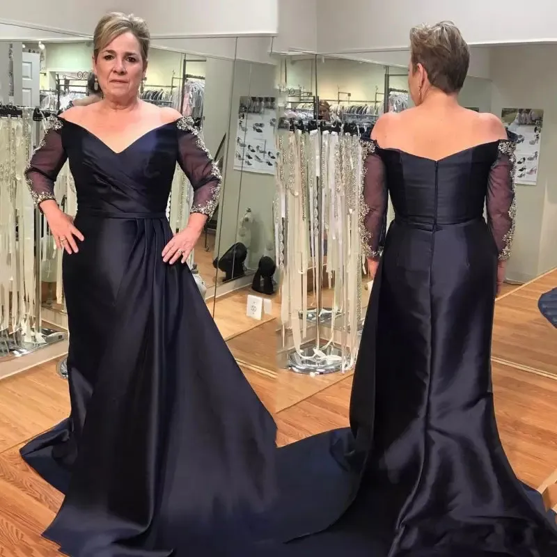 Elegant Dark Navy Mother Of Bride Dresses With Long Sleeves Off The Shoulder Wedding Guest Dress Plus Size Sweep Train Evening Gowns 407