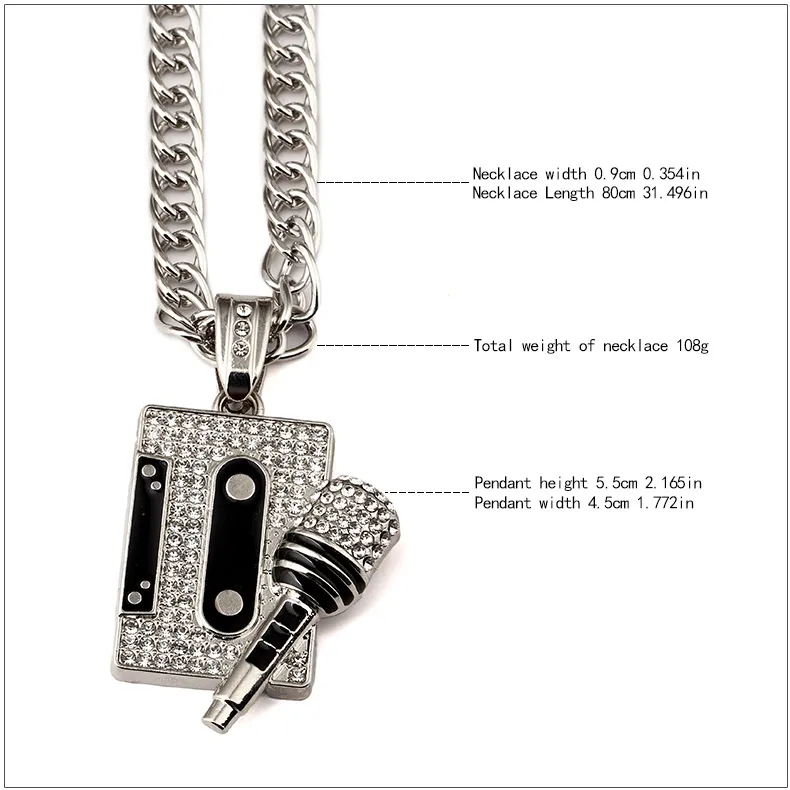 High Quality 18K Gold Plated Mens Hip Hop Rhinestone Golden Cassette Tape Pendants Twisted Chain Long 80cm Necklace Women Rock Rap Punk