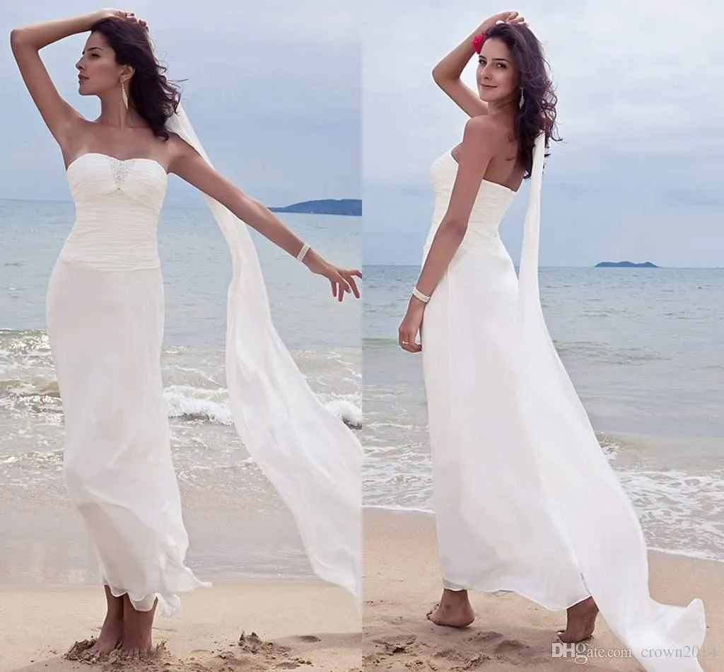 Vestido de noiva da praia de chiffon de verão com namorada com bainha com bainha de tornozelo vestidos de noiva plissados ​​sem costas