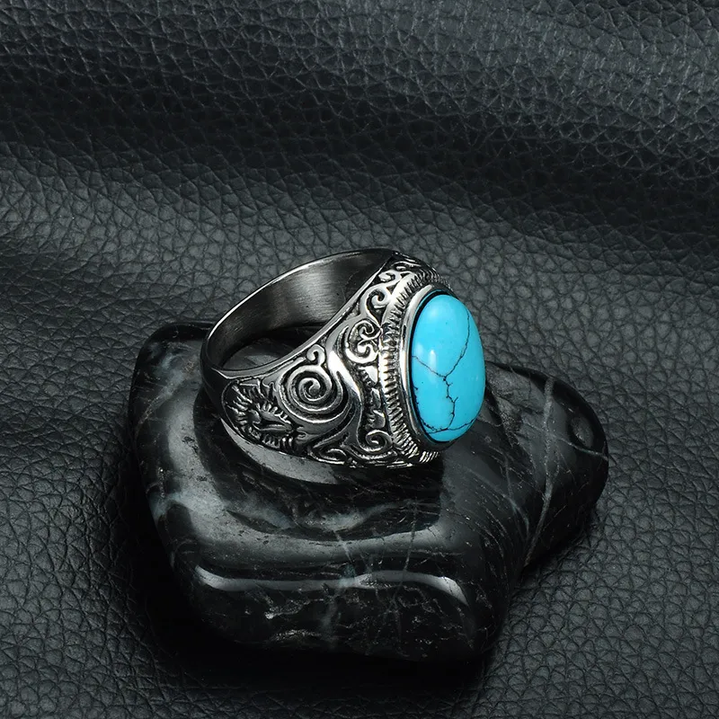 Hommes Turquoise fissure pierre anneaux vintage rétro en acier inoxydable pierre naturelle sculpté bagues pour garçons mode Punk bijoux 236p