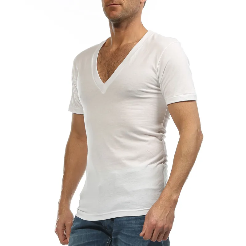 Helundersökning för män klänning skjorta djupt v nack fanila t-skjorta för camiseta hombre 95% bomullsoderoed sexig vit s-xxxl g 2249j