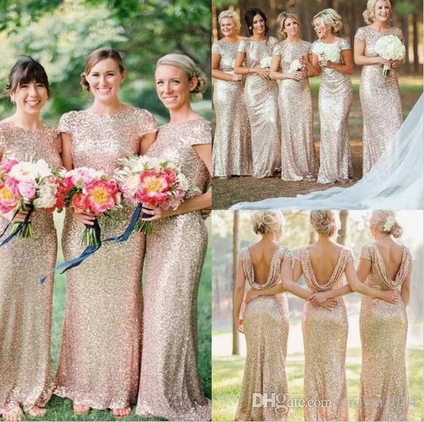 Mermaid Long Bridesmaid Dress Cap Sleeve Champagne Sequins Open Back Bling Country Bridesmaids Dress Plus Size