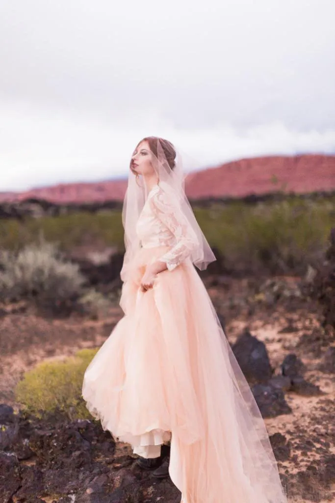 Blush Pink Tulle Country Wedding Dresses 2016 Cheap Ivoey Lace Long Sleeve V Neck Keyhole Back Long Bridal Gowns Custom Made EN102513