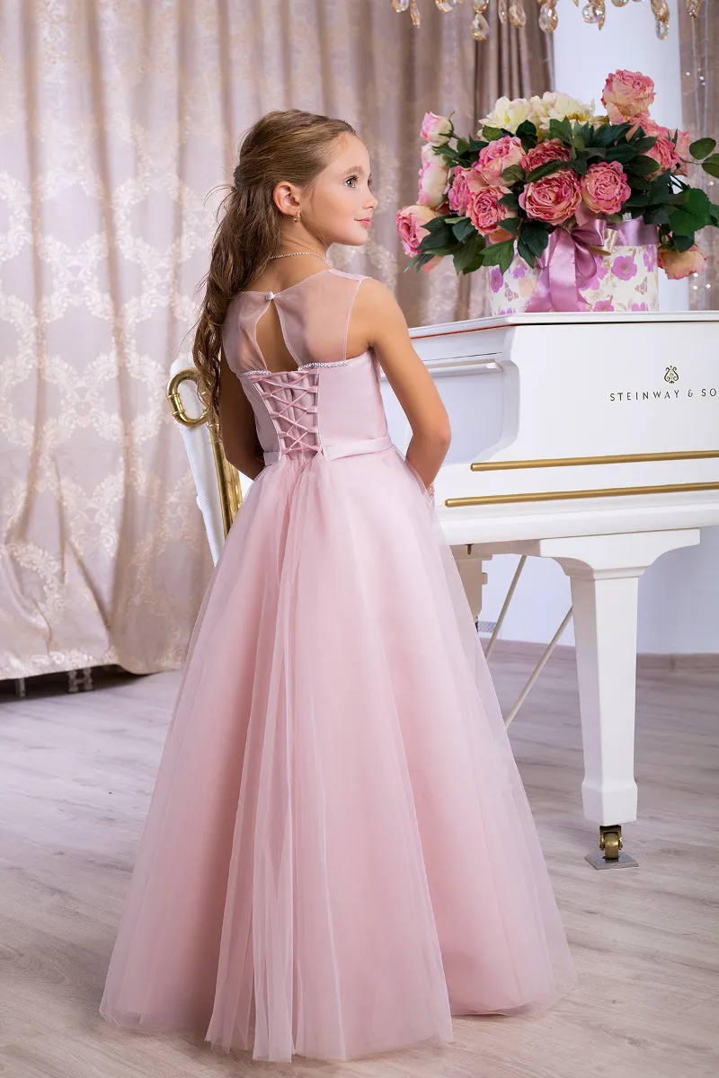 Light Sky Blue Blush Pink Little Girls Formal Event Wear Dresses 2019 Pleated V Neck Long Junior Bridesmaid klänningar Söta blomma GI2657