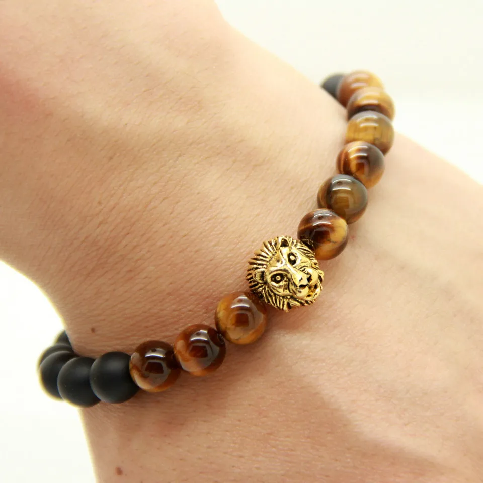 Nya Design Mens Armband Partihandel 8mm Naturlig Tiger Eye och Matt Agate Stone Pärlor Guld Lion Head Armband, Party Gift