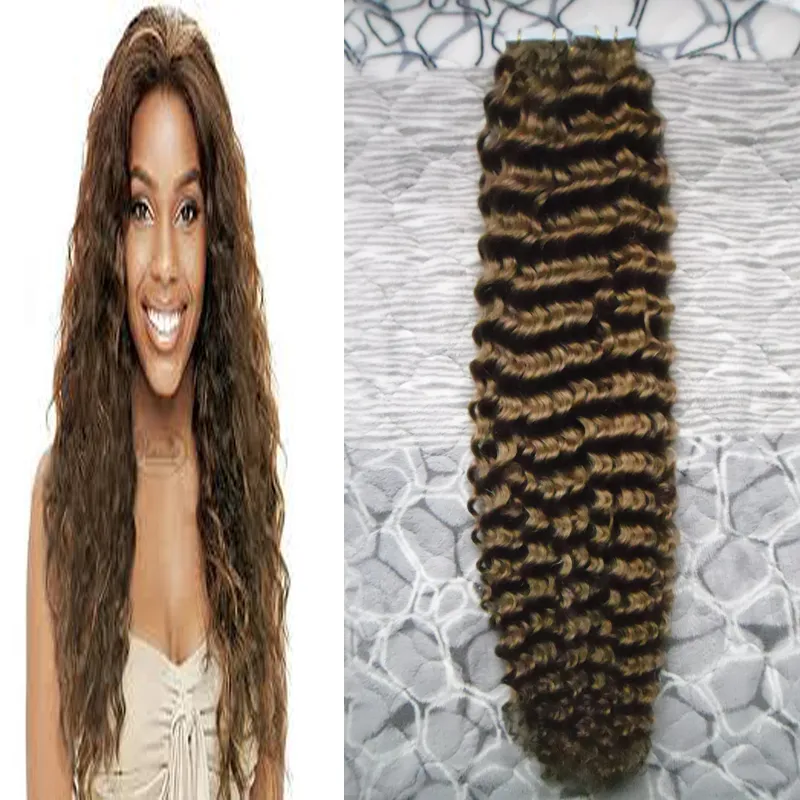 Brazilian Human Tape i kinky lockigt Skin Weft 100% Human Hair Tape In Hair Extensions #4 Mörkbrun tejp i human hair extensions 100g 40st