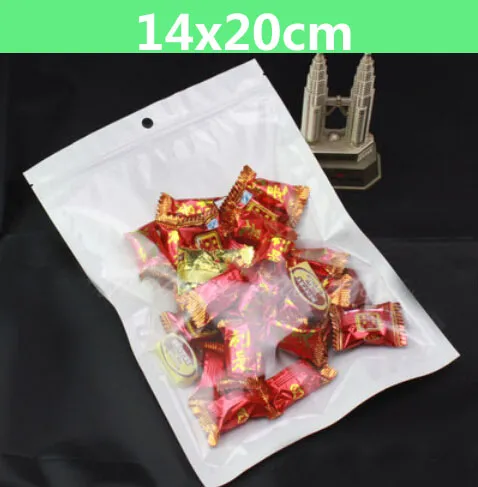 100pcs 14 * 20cm 흰색 / 클리어 셀프 씰 백 Resealable 지퍼 플라스틱 포장 가방, 정지 구멍이있는 지퍼 잠금 소매 패키지