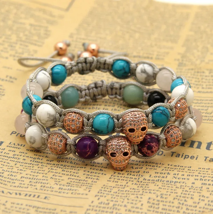 En gros 8mm pourpre mer sédiment pierre clair Cz coeur crâne européen américain macramé Bracelets filles femmes cadeau