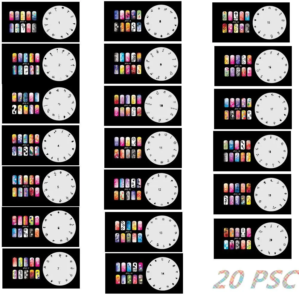 5PSC / Lot 2017 New Fashion Airbrush Nail Stencils Set 1-20 Verktyg DIY Airbrushing Mall Sheet för Airbrush Kit Nail Art Paint