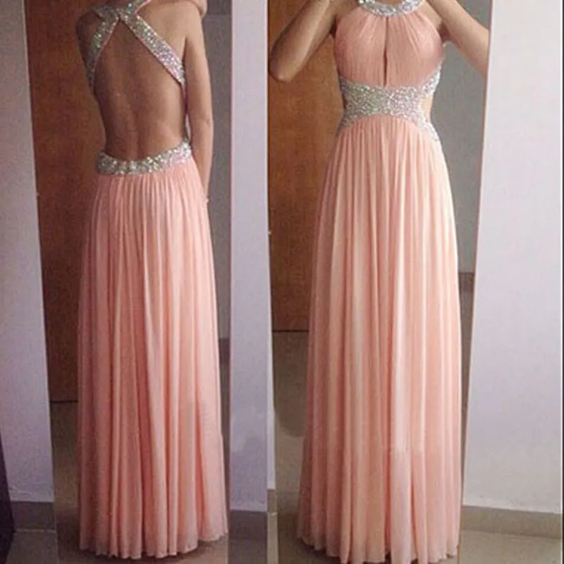 Fabulous Prom Dress Long A Line Crystals Beads Halter Neck Backless Cut Out Sexy Cutaway Waist Evening Party Gowns High Quality