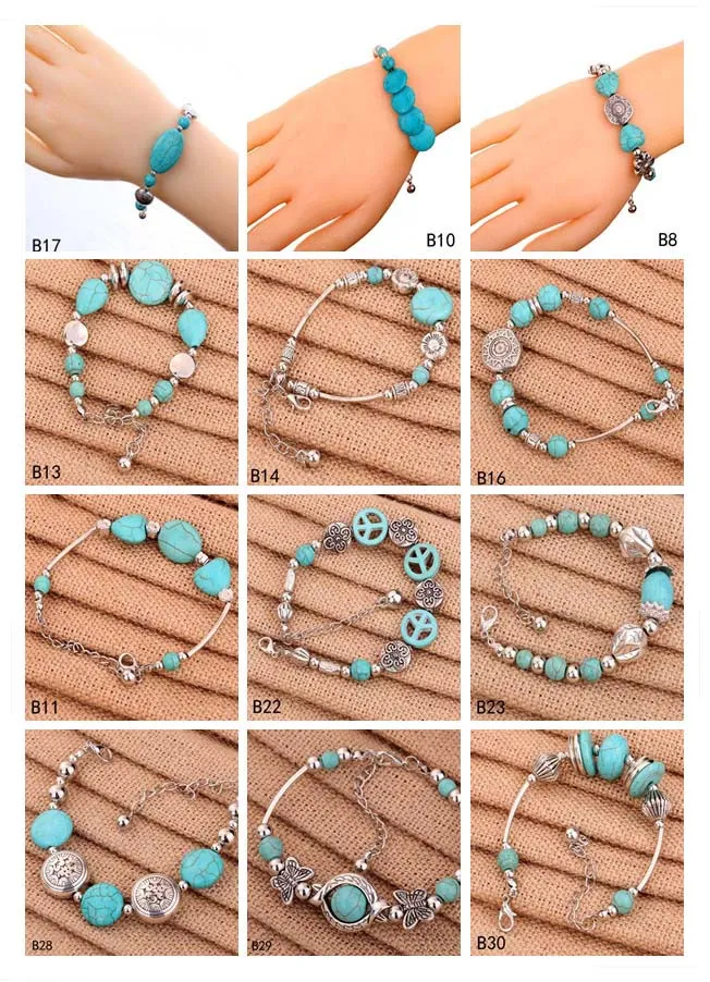 Hollow round European Beads Charm Bracelets 12 pieces a lot mixed style women's DIY Tibetan silver turquoise bracelet GTTQB3