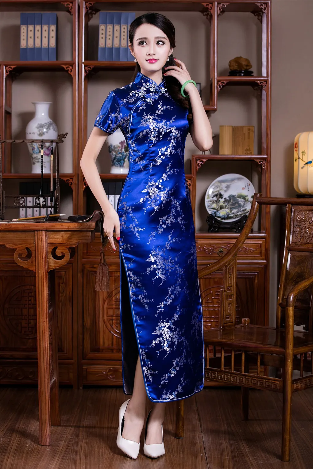 上海の物語長いチョンサムドレスフローラルプリント女性039S QIPAOドレス