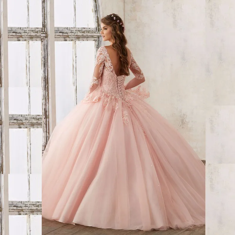 Pink Color Ball Gown Evening Dresses Real Appliques Beading Sexy Long Sleeves Backless Quinceanera Dresses Dress Prom Pageant Debutante Gown