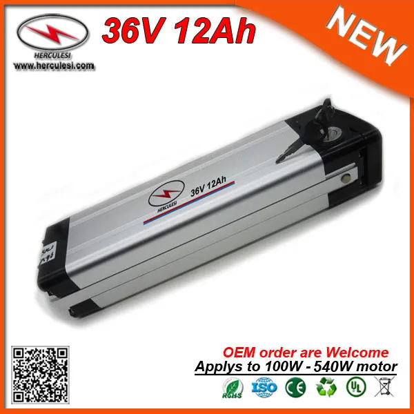 Silver Fish Type 36V Lithium Battery 12ah Electric Bike Battery in 18650 Cell with 15A BMS 2A Charger Aluminum Case