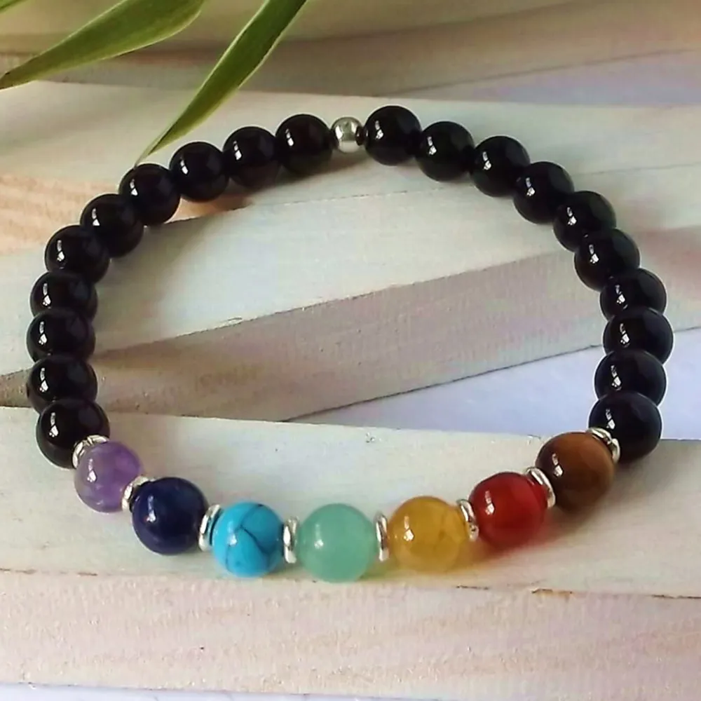 SN0341 Design bracelet de yoga 7 chakra bracelet en pierre d'onyx noir bracelet de guérison spirituelle pour femmes bijoux turquoise