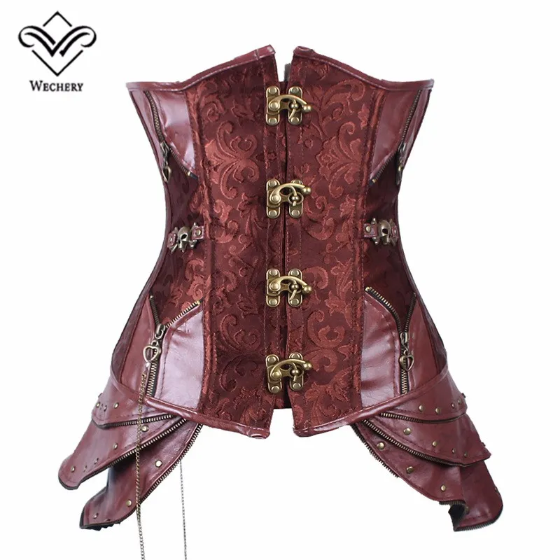 البني Steampunk مشد المرأة مشدات المرأة الكورسيهات فو الجلود القوطية underbust الصلب الجوفاء الخصر مشد بوستير أعلى S-2XL