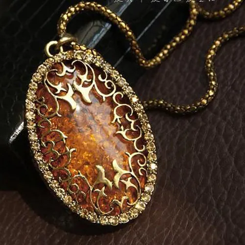 Vintage Bayan Amber Hollow Out Rhinestone Oval Uzun Zincir Kolye Kolye Takı Retro Uzun Zincir Amber Kolye Kolye Aksesuarları