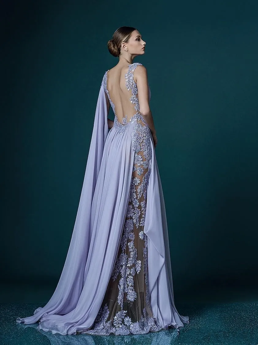 New V-neck Lavender Evening Dresses With Wrap Appliques Sheer Backless Celebrity Dress Evening Gowns Stunning Chiffon Long Prom Dress