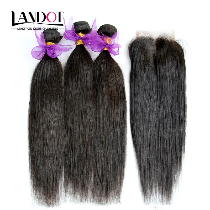 Peruvian Straight Virgin Human Hair Weaves With Closure 4pcs / Lot Obehandlat Peruvian Hair Weave Buntar med spets Avslutningar Gratis / Mellansdel