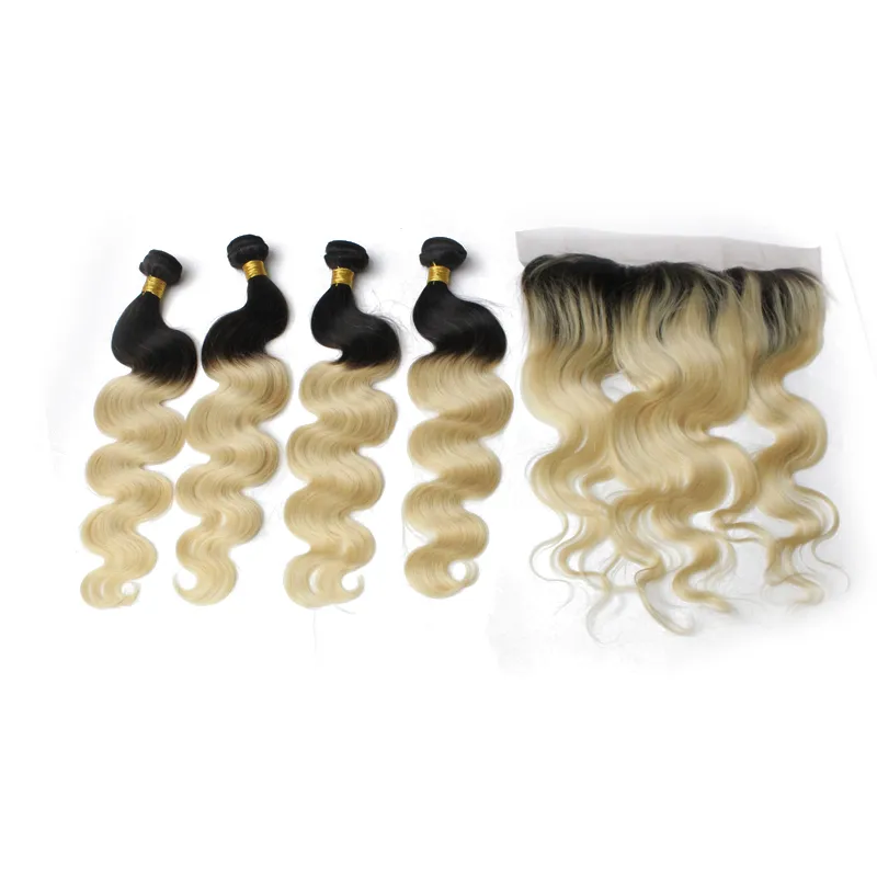 7A Body Wave Ombre blonde brasilianische gerade Jungfrau-Haar-Bündel mit Spitze-Verschluss frontal platium Blonde Haar-Erweiterungs-Webart mit Verschluss