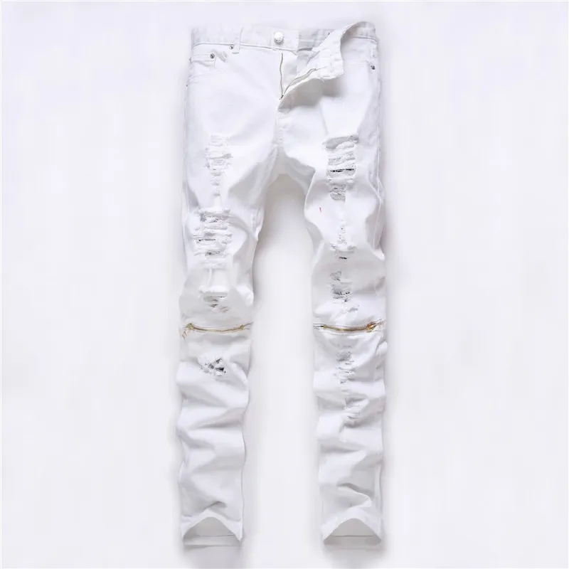 Haute Qualité 2016 En Plein Air Blanc Homme Trou Coupe Pantalon Genou Fermeture Éclair Pied Stretch Pantalon Droit Discothèque Déchiré Jeans Pantalon Blanc