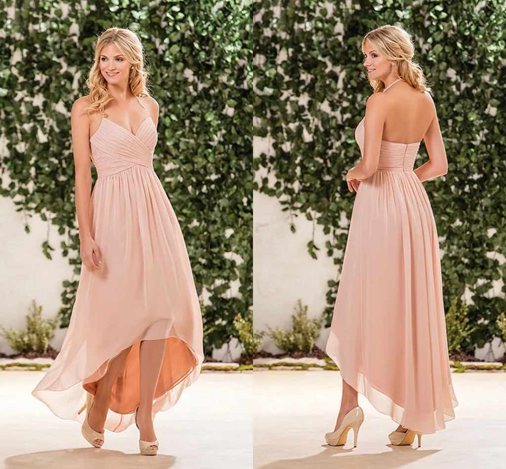Halter High Low Bridesmaid Dresses Blush Pink Chiffon Ruffle Pleated Backless Formal Plus Size Long Maid of Honor Gowns