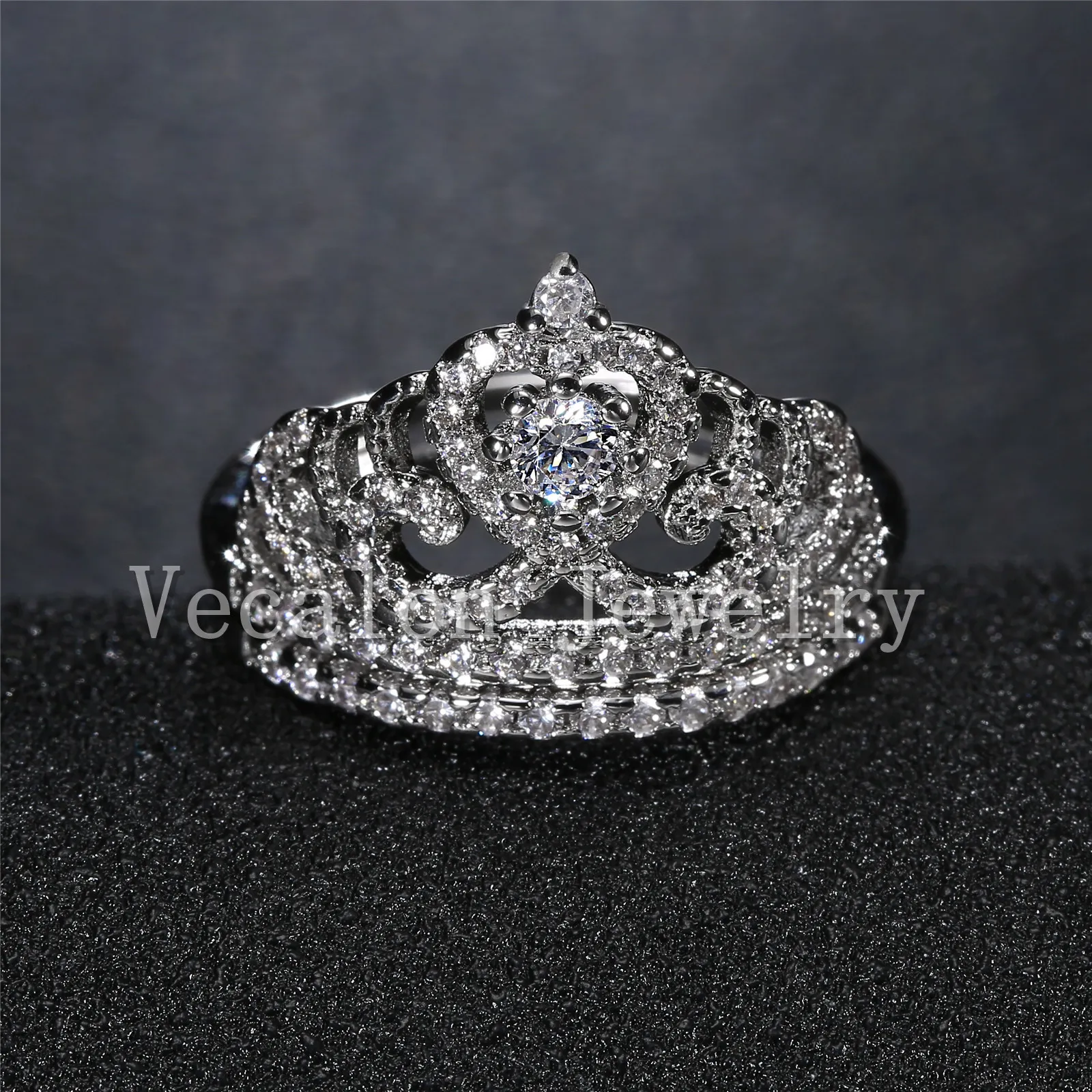 Vecalon Fashion Crown Wedding Ring Set för Kvinnor Simulerad Diamond CZ 10kt Vitguld Fylld Kvinnlig Förlovningsband Ring