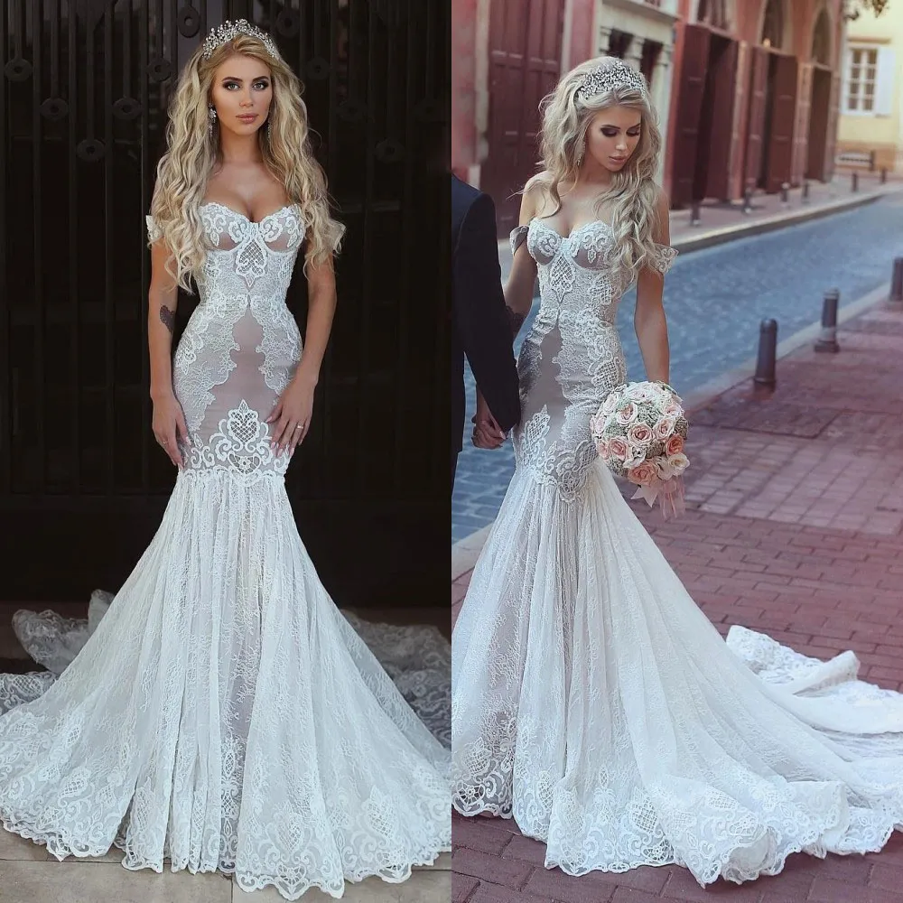 Elegante abito da sposa a sirena in pizzo Abito da sposa sexy con spalle scoperte senza maniche Applique con lacci aperto sul retro Abito da sposa su misura con strascico