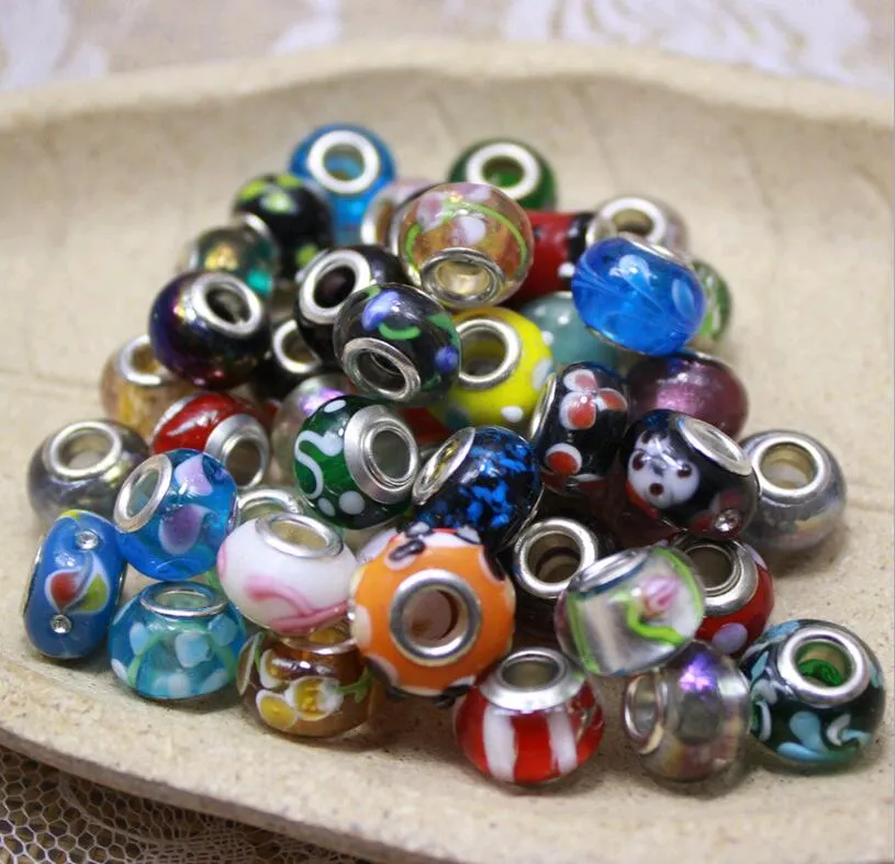 100pcs Lampwork Glass European Beads Large Hole Beads Mixed