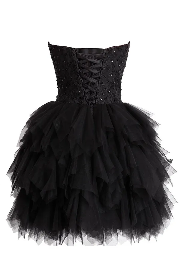 Wunderschönes Sweet-16-Kleid in Schwarz für die Heimkehr, Perlenbesetztes Pailletten-Spitzenoberteil, gerüschter Puffrock, Schnürkorsett am Rücken, trägerlos, Schatz