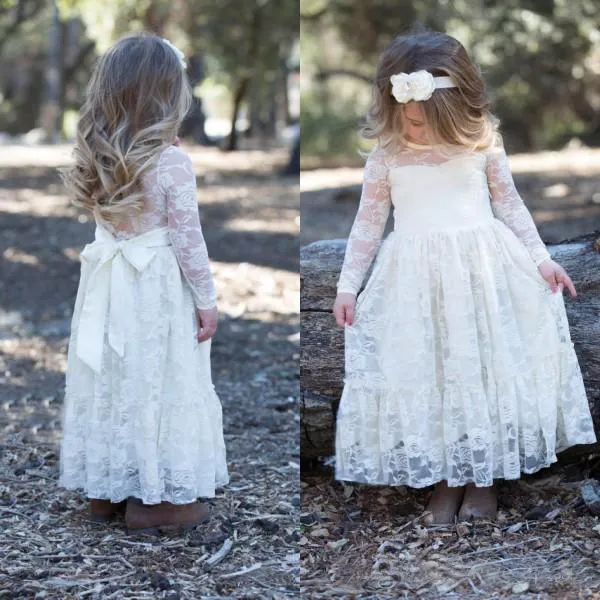 Vintage Bohemian Ivory Lace Long Sleeve A-line Flower Girls Dresses 2016 Cheap Jewel Bow Sash Ankle Length Holy Communion Dress EN81510