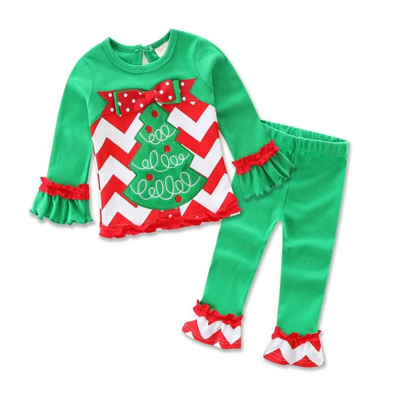 Heißes Weihnachtskleidungsset für Babys, Weihnachtsanzüge, Schleife, Mädchen-Baumwoll-T-Shirts + gestreifte Hosen, 2-teiliges Mädchen-Kleidungsset, Outfits