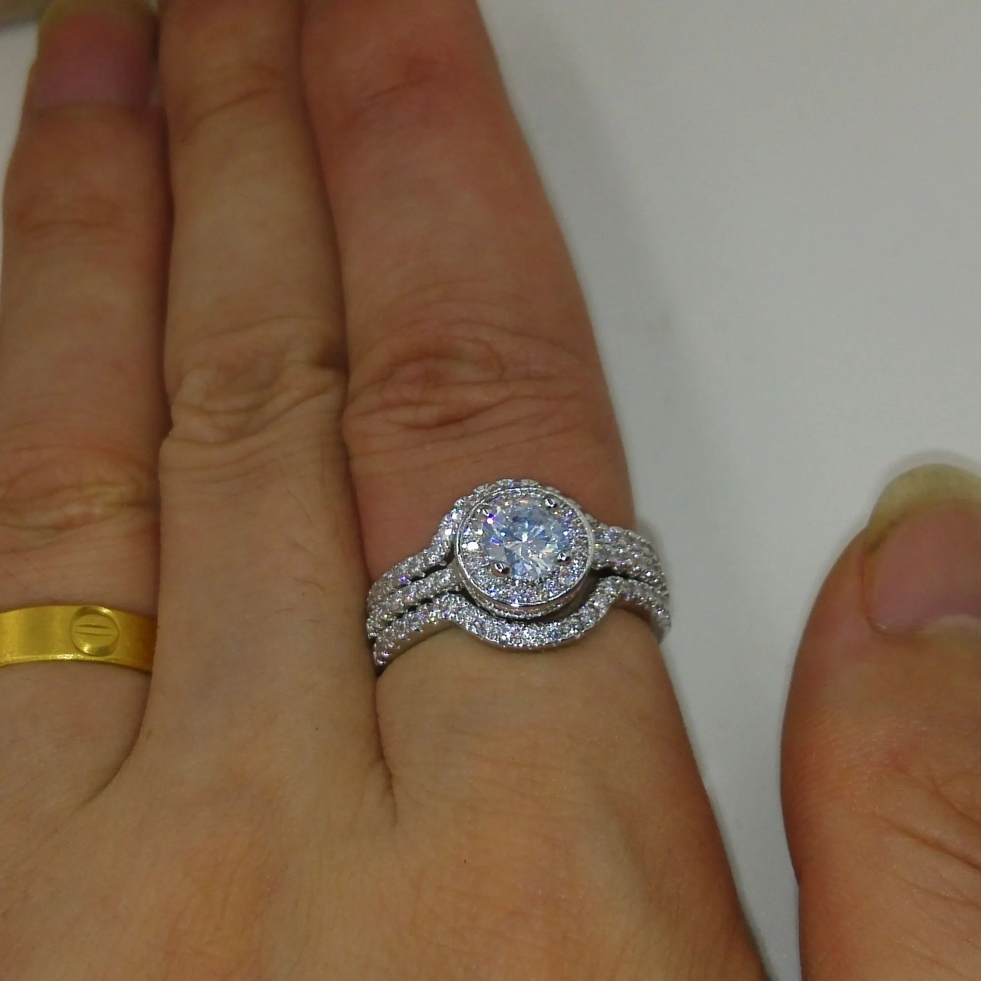 Vecalon ファッションリング模擬ダイヤモンド Cz 3-in-1 婚約バンド結婚指輪セット女性のための 10KT ホワイトゴールド充填指リング