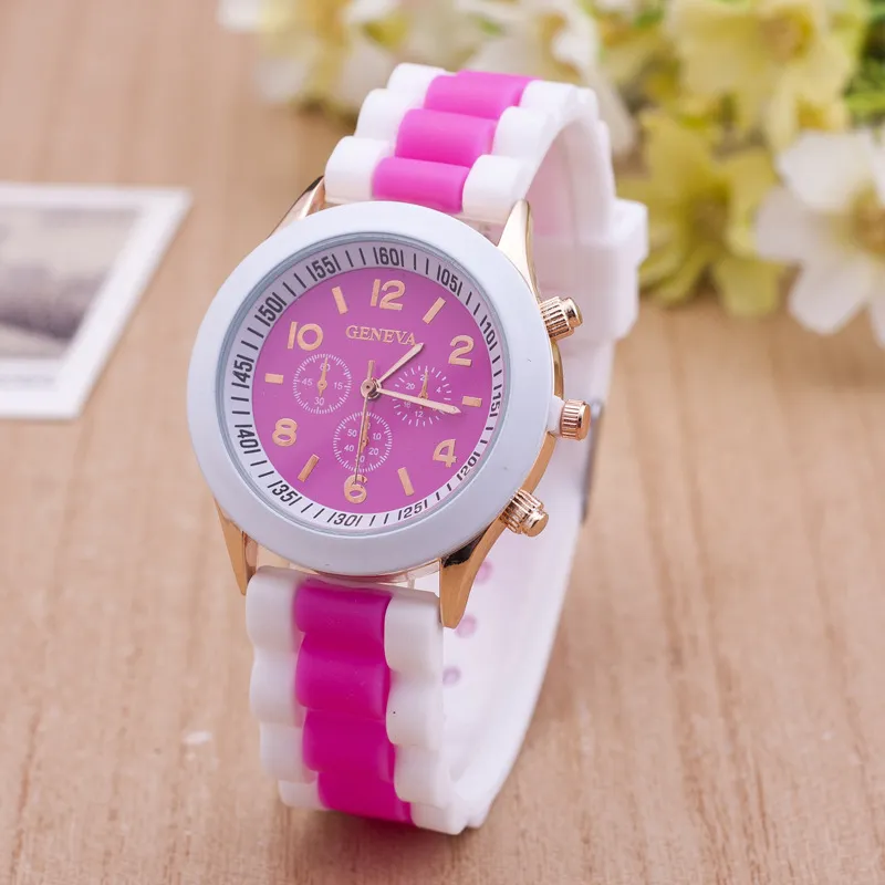 Newest Fashion Geneva Silicone Quartz Watch Three circles Display White Strap Candy Color Rubber Girls Ladies Women watches