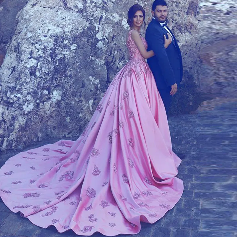 Pink embroidered sales prom dress