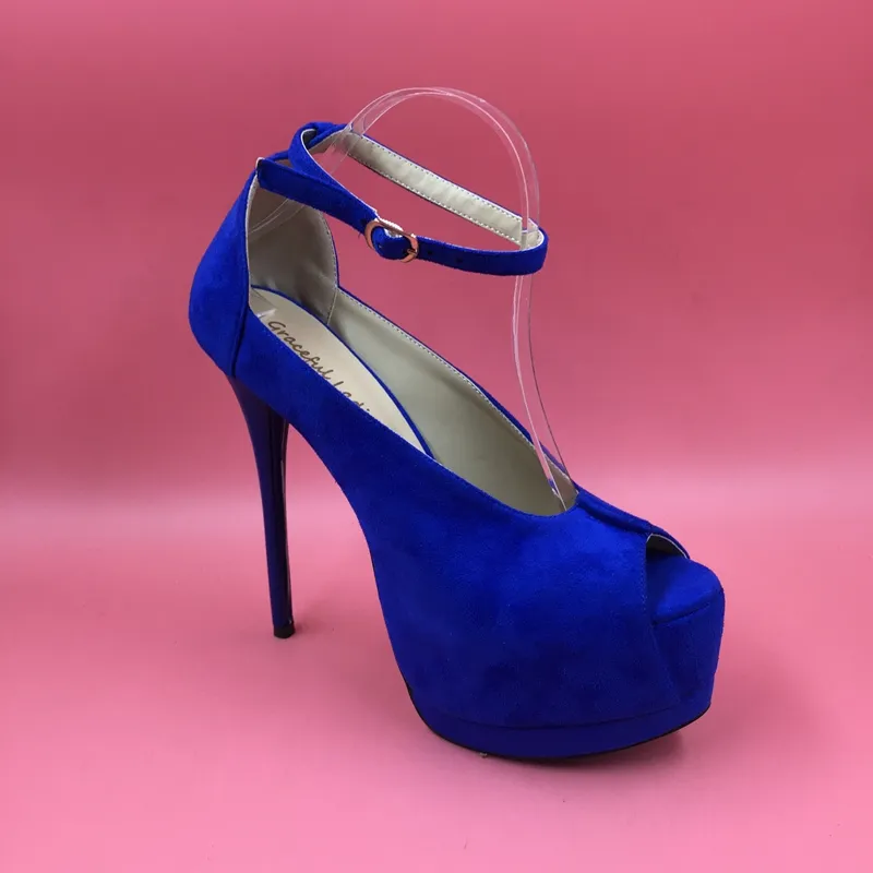 Azul Royal Super High Heel Mulheres Bombas Tornozelo Peep Toe Plataformas Grossas Sapatos de Salto Azul Sapato Feminino Sexy Verdadeiro Tamanho