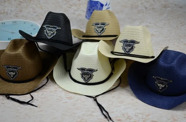 New Western Rodeo Cowboy Brown Halm Hat Studded Leather Bull Band Unisex Sun Beach Hat för män Kvinnor 6st / Gratis frakt