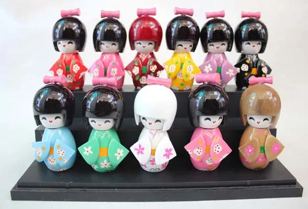 6pcs 3 szie 9cm 귀여운 수집품 일본 나무 인형 Kokeshi와 기모노 그림, 인형 여자 아이 선물