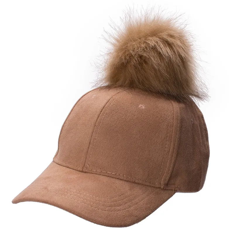 New Stylish Womens Unisex Fur Pom Pom Suede Baseball Cap Hip Hop Girls Hat A383