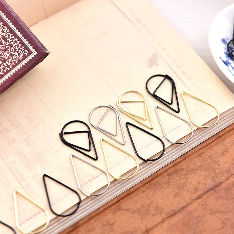 GOLD Teardrop Binder Clips Plating Fjäder Stål Metall Modellering Paper Bookmark Memo Clips Fyllning Tillbehör Partihandel