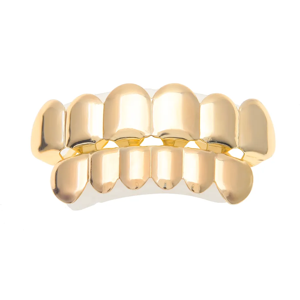 New Custom Fit 14k Gold Plated Hip Hop Denti Grillz Caps Top Bottom Grill Set per uomo