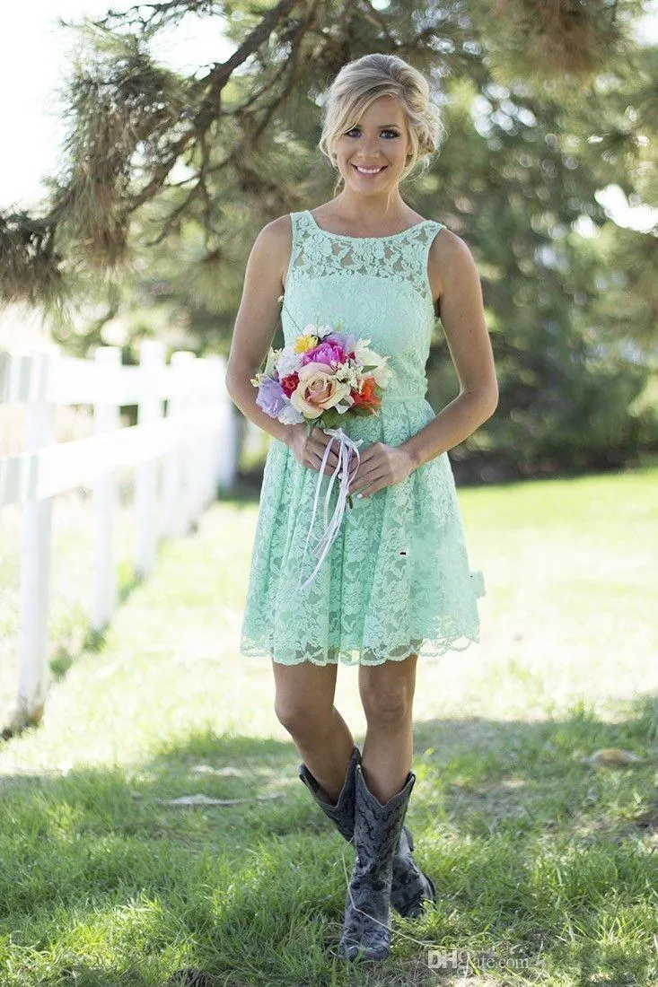 Mint Green Lace Bridesmaid Dresses - Country Style Scoop Neck Short Formal  Gowns for Juniors and Adults