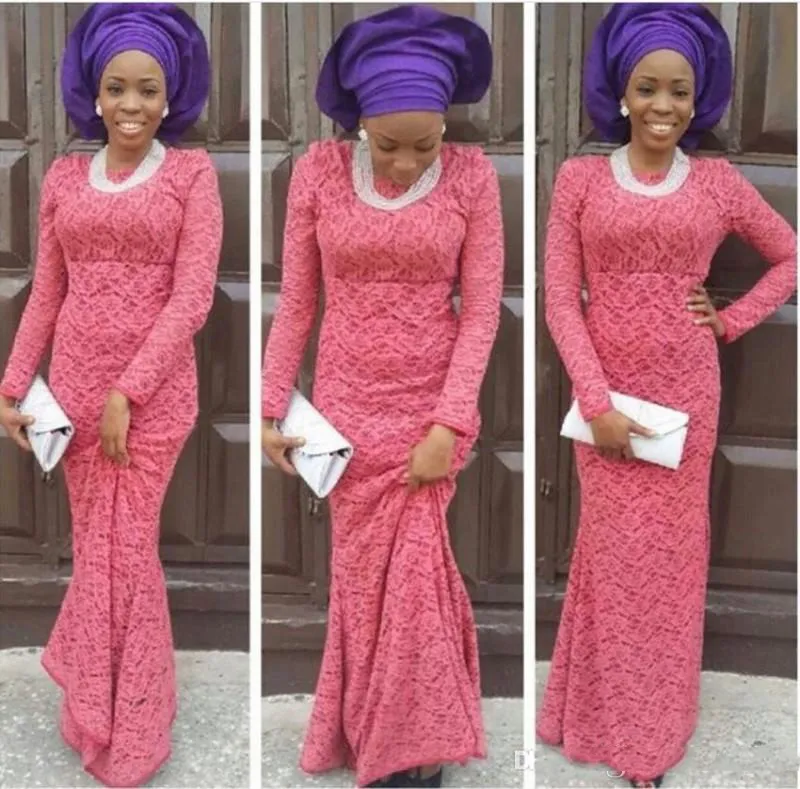 Afrika Abendkleider Aso Ebi Juwel Lange Ärmel Ballkleider Nigeria Spitze Mantel Wassermelone Bodenlangen Maßgeschneiderte Partykleider 2017