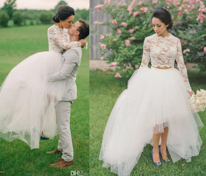 Haut bas Hi-Lo dentelle robes de mariée haut en dentelle deux pièces à manches longues jardin plage robes de mariée robes de mariée jupe tutu bouffante