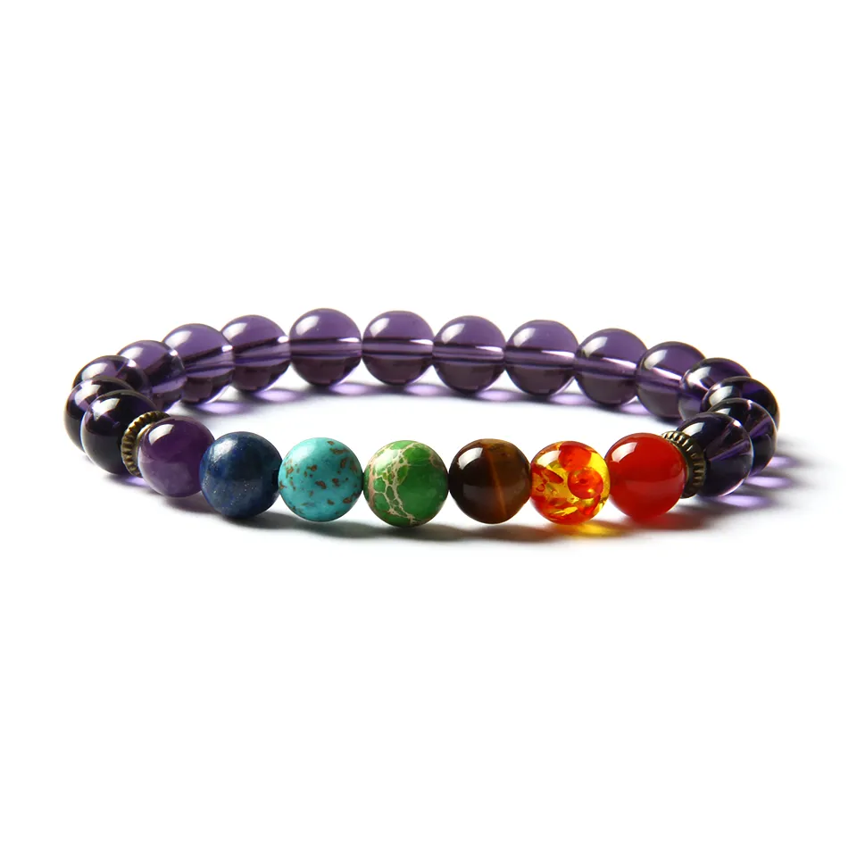 Verkoop 7 Chakra Healing Steen Yoga Meditatie Armband 8mm Purple Glass Beads met natuurlijke sediment, Tiger Eye Stone en Crystal Stretch