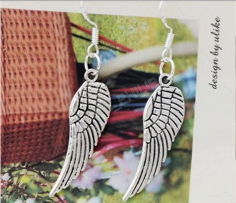 Angel Wing Dangle Chandelier Earrings 925 Silver Fish Ear Hook E084 46.5x9.2mm